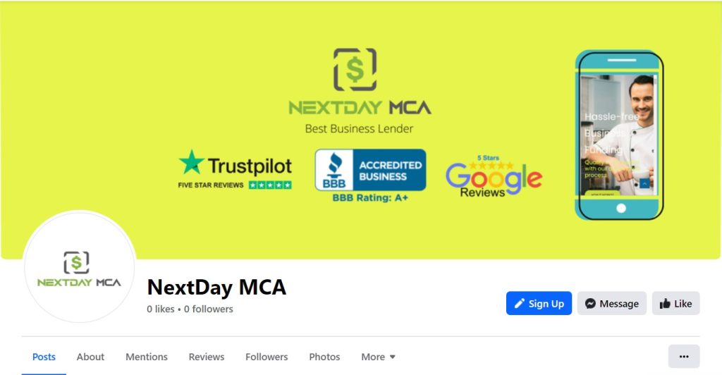 NextDay MCA Facebook page creation and optimization